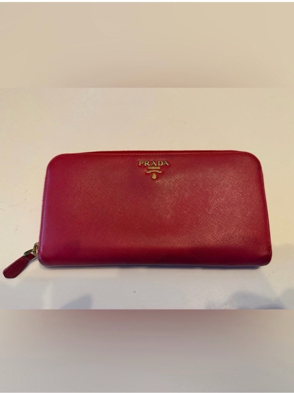 Prada Red Zip-Around Leather Wallet with Gold Logo